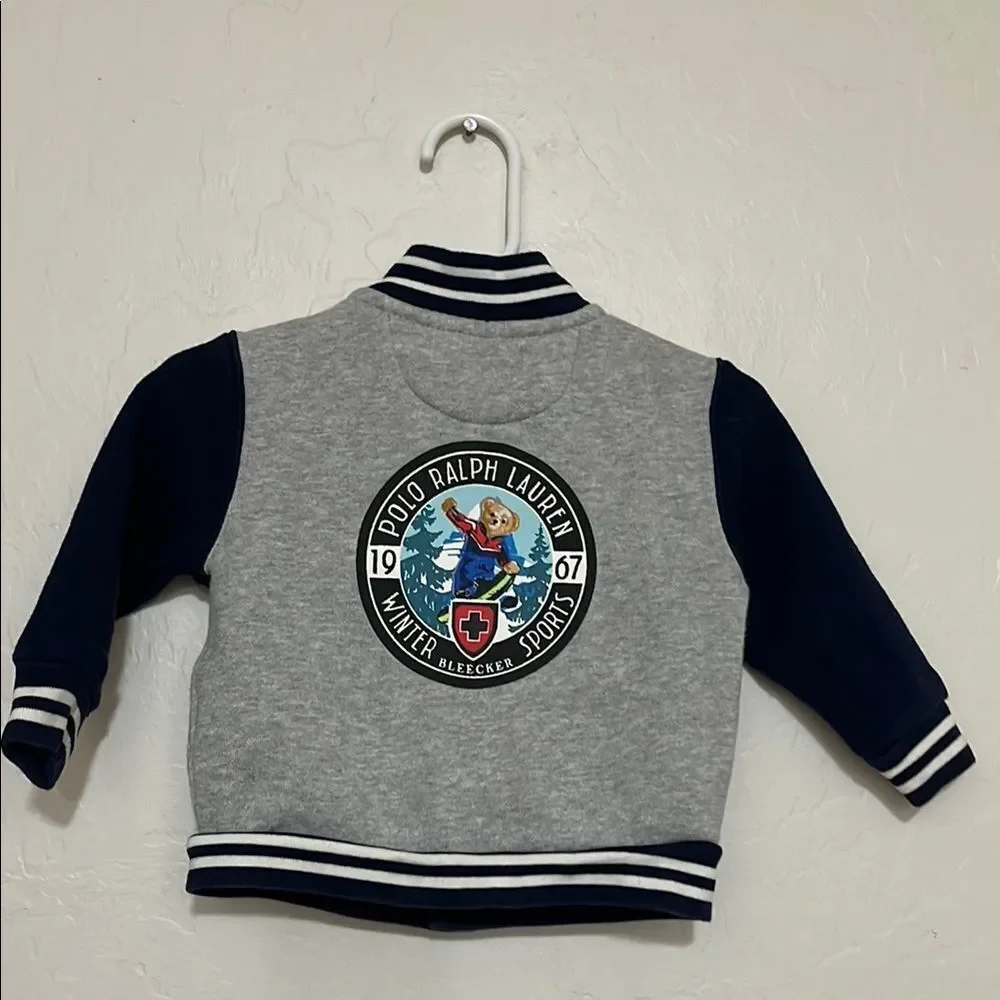 Ralph Lauren Gray Blue Bear Graphic Varsity Button Closure Jacket